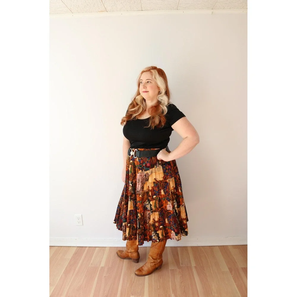Vintage Western Novelty Print Broomstick Skirt Brown Multi Tiered Pleated Midi - Picture 4 of 9